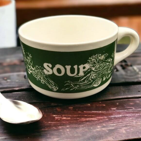 VTG USA Pottery Vegetable Soup Mug Bowl Green Transferware Handled Stoneware Cup - Picture 1 of 8